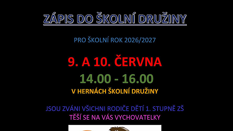 Zápis do školní družiny pro školní rok 2026/2027