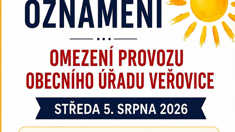 Oznámení o omezení provozu Obecního úřadu Veřovice ve středu 05.08.2026