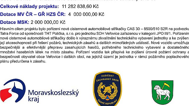 Obec Veřovice - Pořízení nové cisternové automobilové stříkačky CAS 30